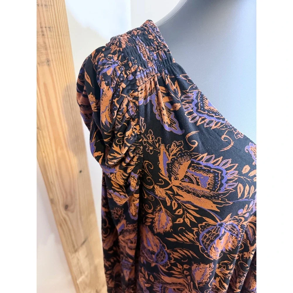 Free People Black& Orange Floral Boho Dress Top Long Sleeve Keyhole‎ Back Small